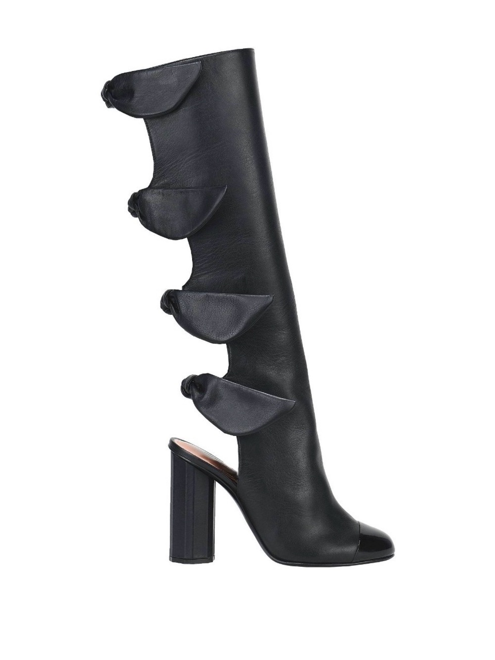 Black Knee-High Peep-Toe Heel Boot with Decorative Flap Accents